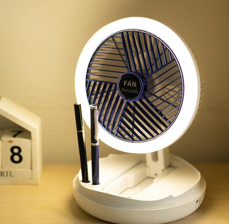 LEDライト付き折りたたみ式テーブルファン|USB充電式・壁掛け/天井対応・4段階風量・室内用多機能ファン