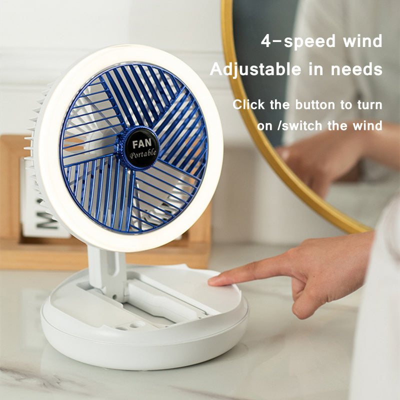 LEDライト付き折りたたみ式テーブルファン|USB充電式・壁掛け/天井対応・4段階風量・室内用多機能ファン