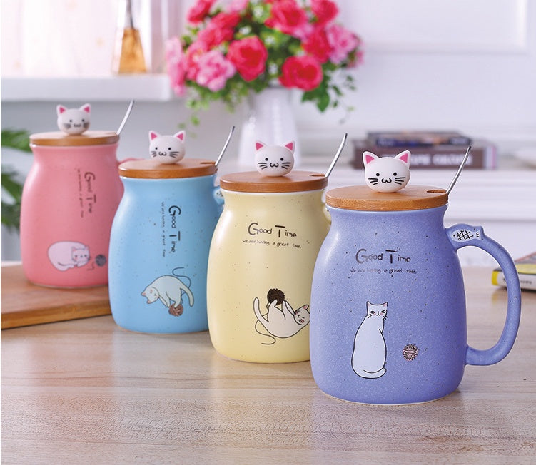 450ml カートン セラミック 猫 マグカップ 蓋とスプーン付き