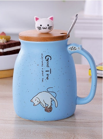 450ml カートン セラミック 猫 マグカップ 蓋とスプーン付き