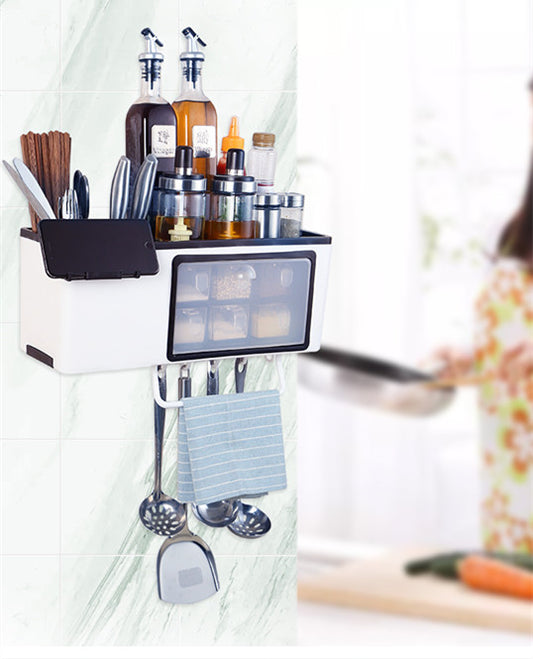 調味料ストレージ付きキッチンウェアラック|散らかりがちな調味料と調理小物をスマート収納