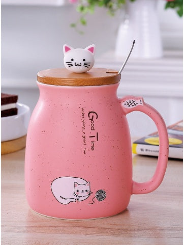 450ml カートン セラミック 猫 マグカップ 蓋とスプーン付き