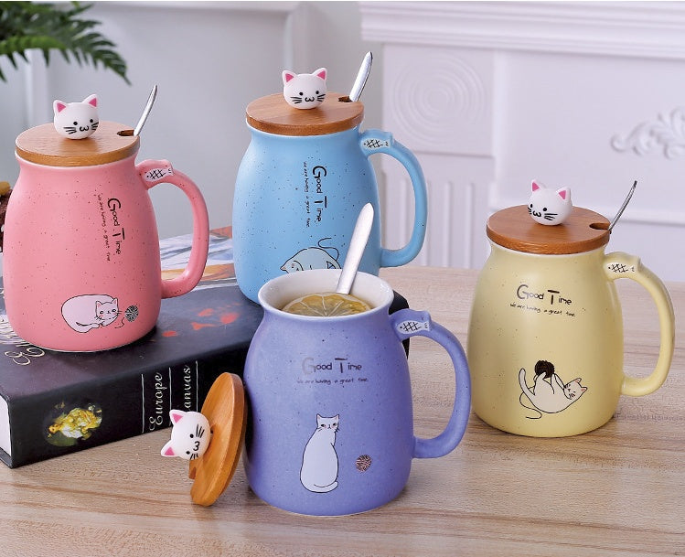 450ml カートン セラミック 猫 マグカップ 蓋とスプーン付き