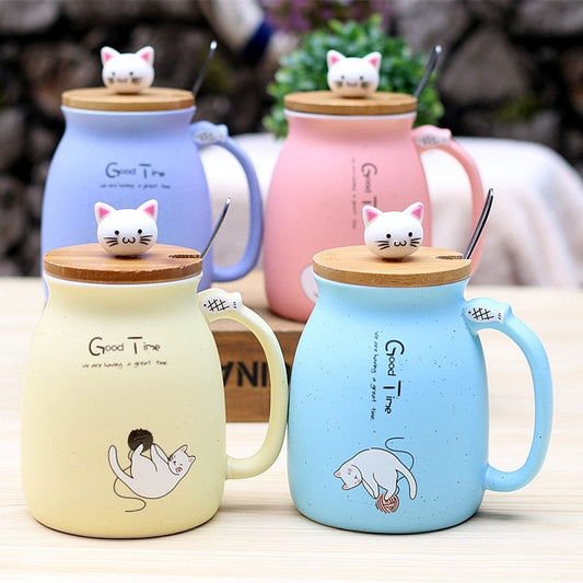 450ml カートン セラミック 猫 マグカップ 蓋とスプーン付き